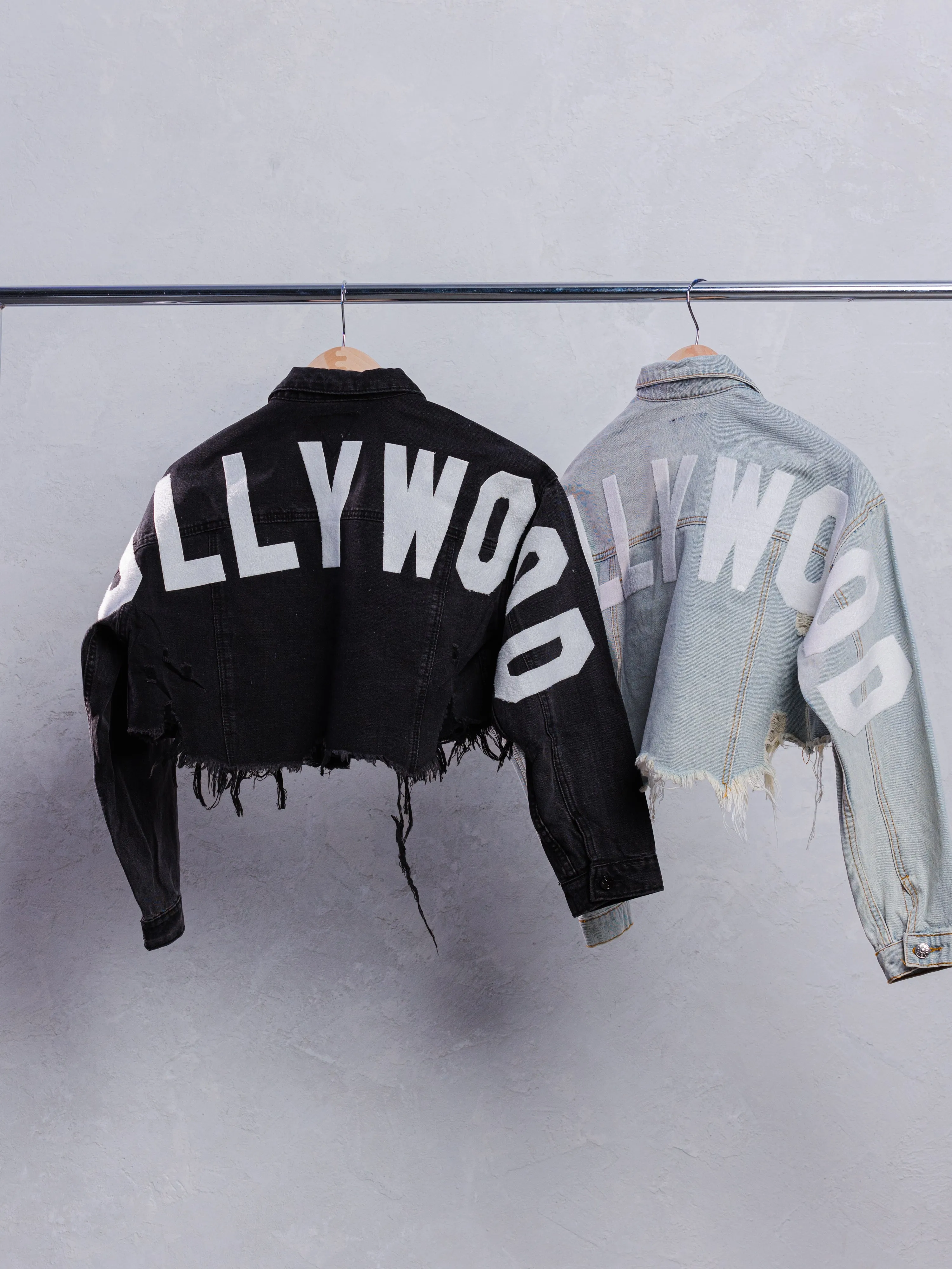 HOLLYWOOD SIGN White Font Crop Denim Jacket