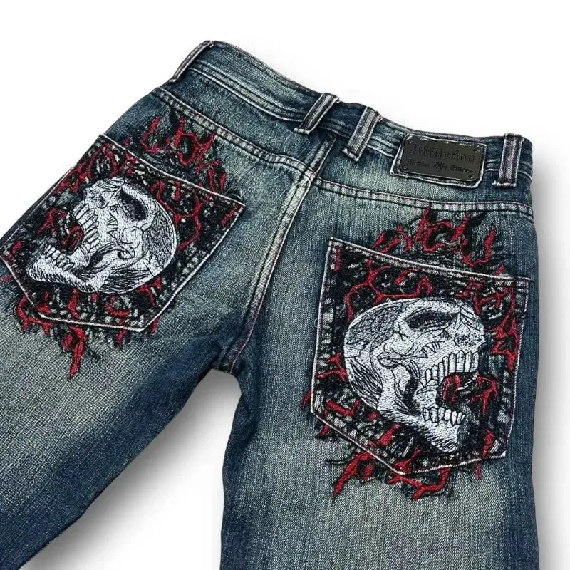 Ilooove 90s Streetwear Y2K Harajuku Gothic High Waist Wide Trousers  Hip Hop Skull Graphic Embroidery Blue Vintage Baggy Punk Style Jeans Mens Womens