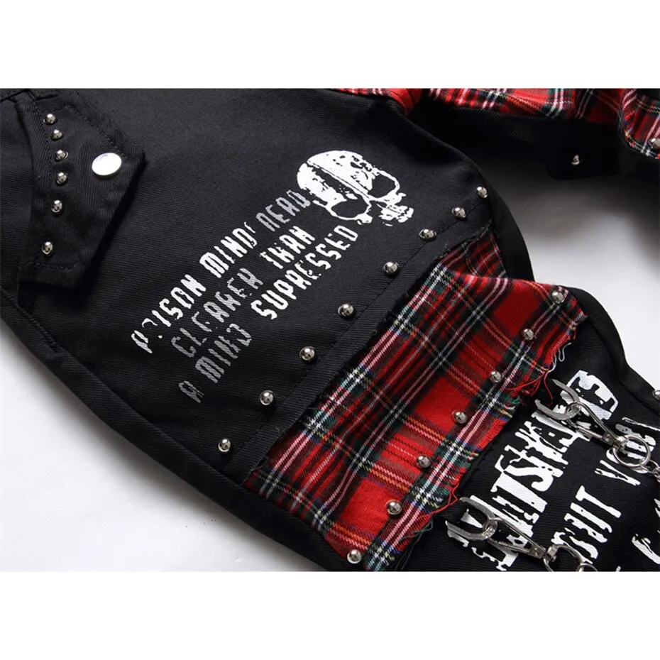 Ilooove Rivet Punk Denim Jeans Pants Skull Patchwork Streetwear Hip Hop Denim Pants Men Harajuku Plaid Fashion Slim Black Jeans Trousers