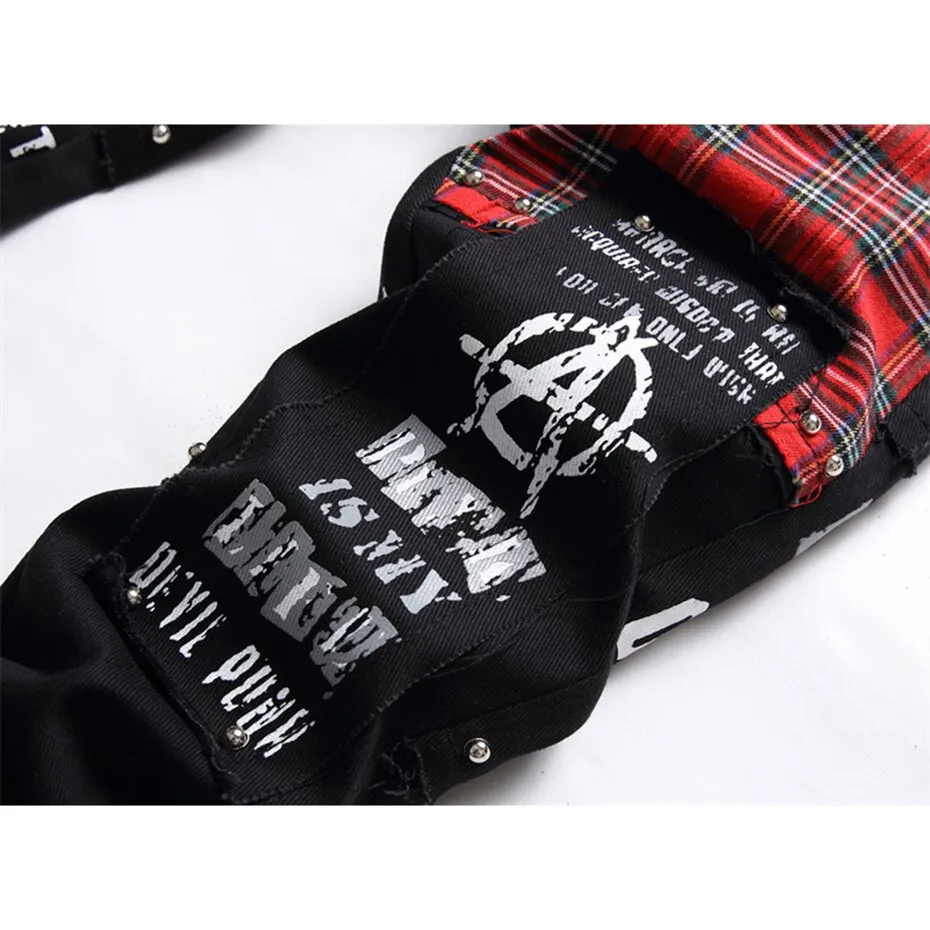 Ilooove Rivet Punk Denim Jeans Pants Skull Patchwork Streetwear Hip Hop Denim Pants Men Harajuku Plaid Fashion Slim Black Jeans Trousers