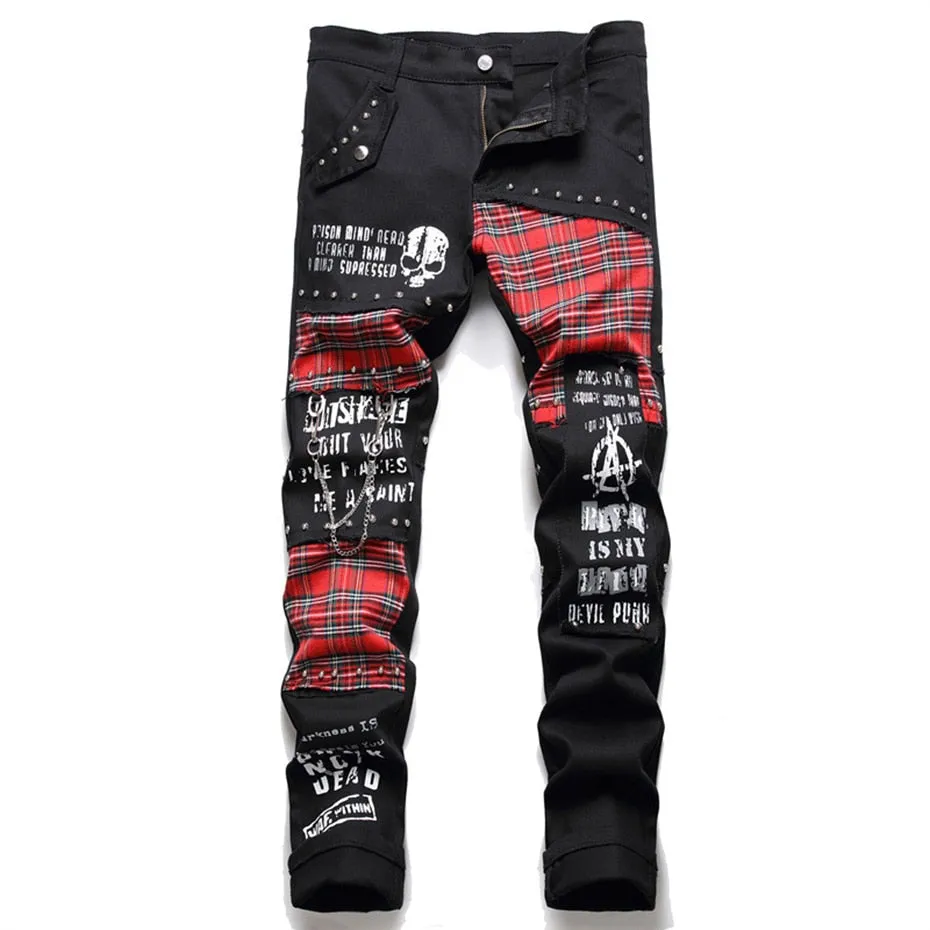 Ilooove Rivet Punk Denim Jeans Pants Skull Patchwork Streetwear Hip Hop Denim Pants Men Harajuku Plaid Fashion Slim Black Jeans Trousers