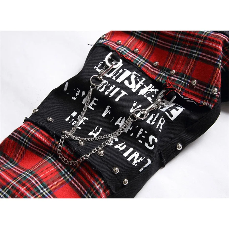 Ilooove Rivet Punk Denim Jeans Pants Skull Patchwork Streetwear Hip Hop Denim Pants Men Harajuku Plaid Fashion Slim Black Jeans Trousers