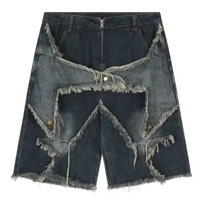 Ilooove Vintage Tassel Star Denim Shorts Splicing Loose Jeans Shorts 2023 Men Hip Hop Streetwear Harajuku Y2K Shorts Summer