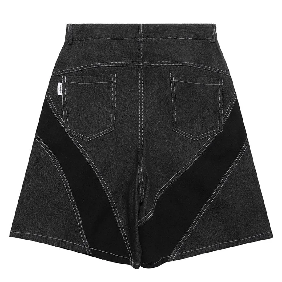 Ilooove Wide Leg Splicing Jeans Shorts Y2K Men Hip Hop Harajuku Streetwear Loose Denim Shorts Black Man Shorts