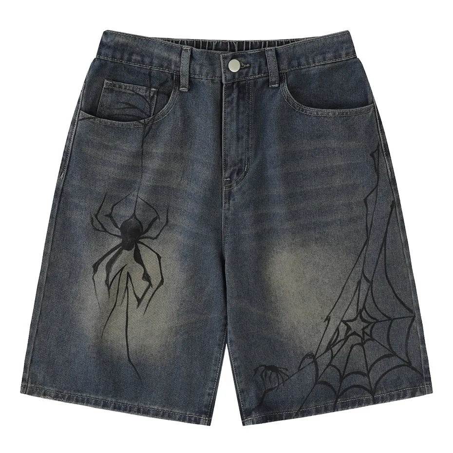 Ilooove Y2K Blue Denim Shorts Spider Cobweb Printed Summer Loose Casual Jeans Shorts Fashion Harajuku Hip Hop Streetwear Shorts for Men