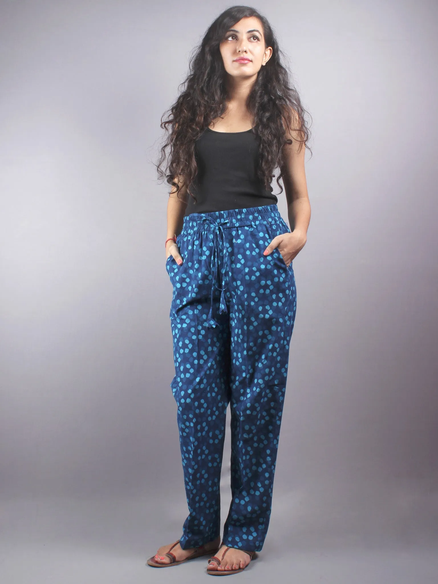 Indigo Hand Block Printed Elasticated Waist Trousers- T0317007