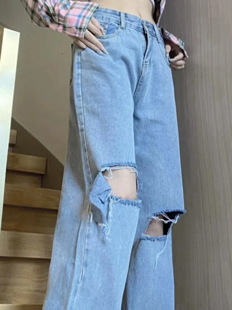 Ins Women Baggy High Waist Wide Leg Ripped Jeans Female High Street Retro Loose Wide Leg Pants Punk Slim Straight Leg Trousers