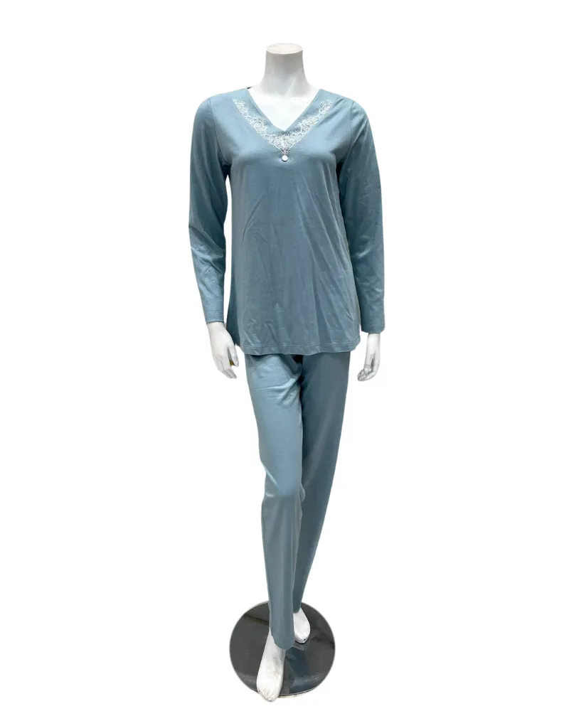 Iora Lingerie Powder Blue Lace V Neck Cotton Blend Pajamas Set