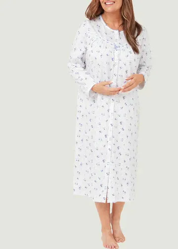 Janet Long Sleeve Jersey Front Opening Velcro Nightdress - blue blossom