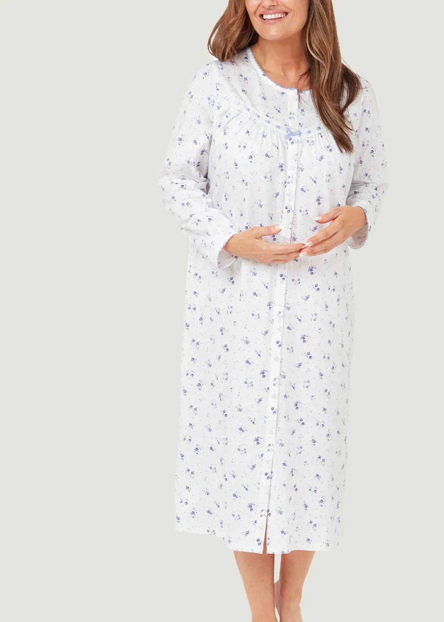 Janet Long Sleeve Jersey Front Opening Velcro Nightdress - blue blossom