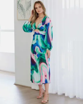 Kai Satin Maxi Dress - Blue/Pink Print