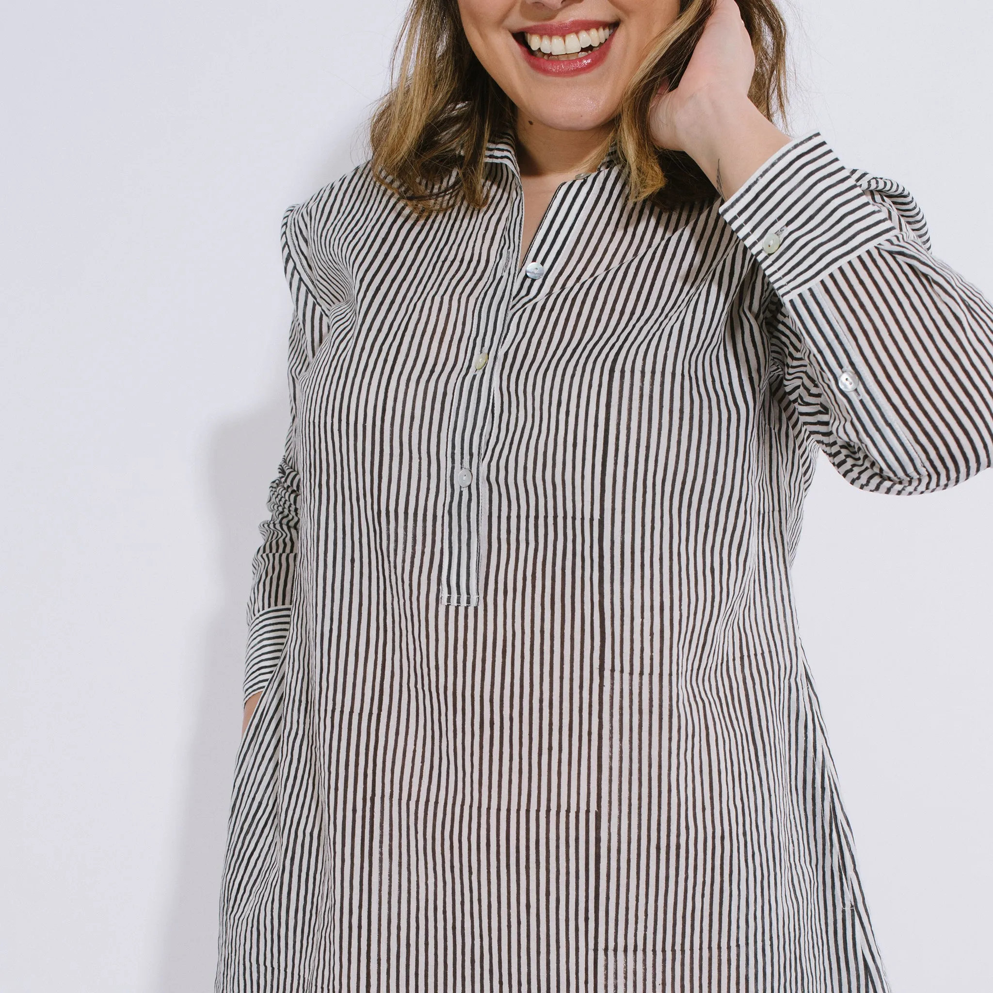 Katherine Shirt Dress in Black Classic Stripe