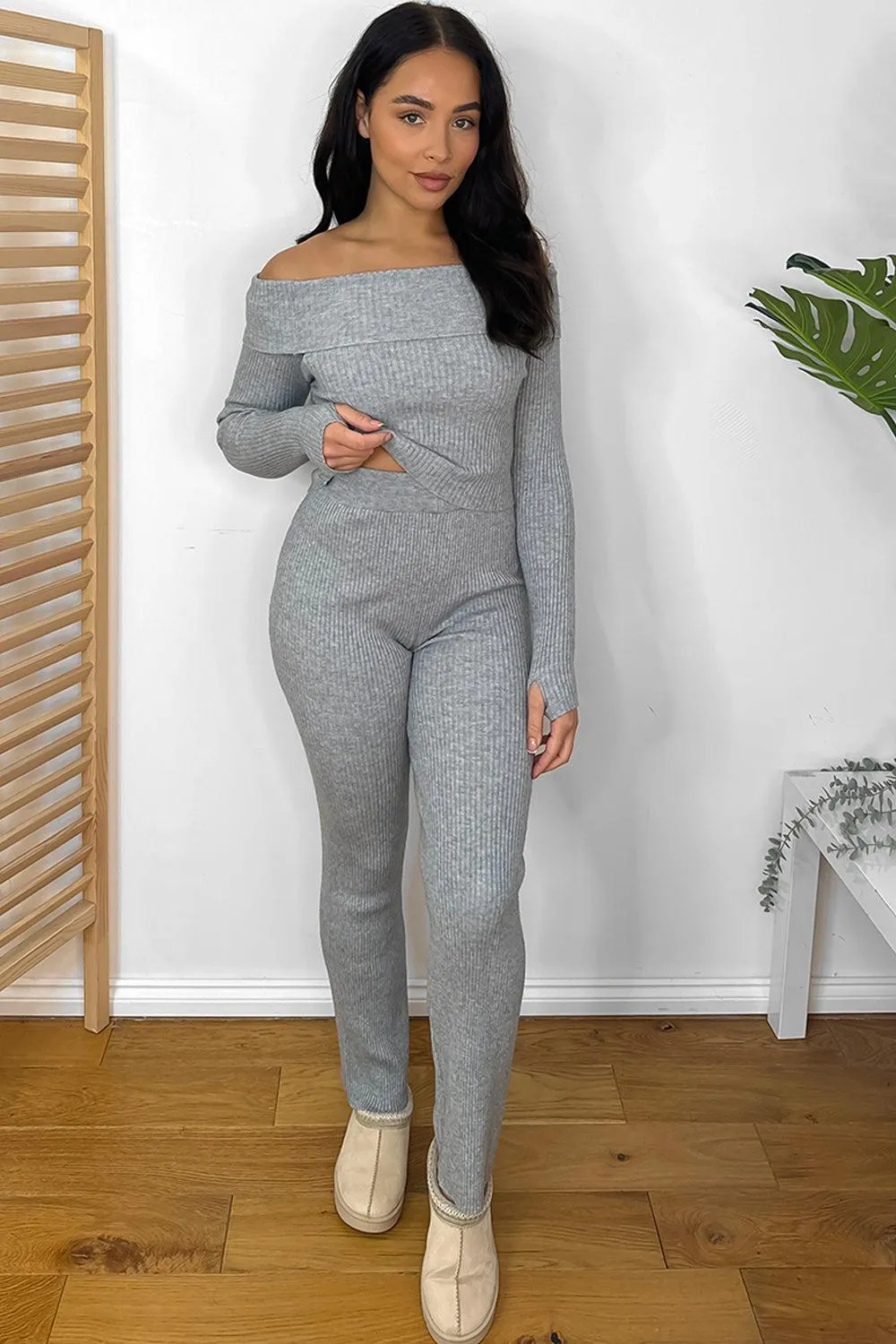 Knitted Bardot Top And Wide Leg Trousers Set