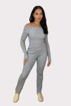 Knitted Bardot Top And Wide Leg Trousers Set