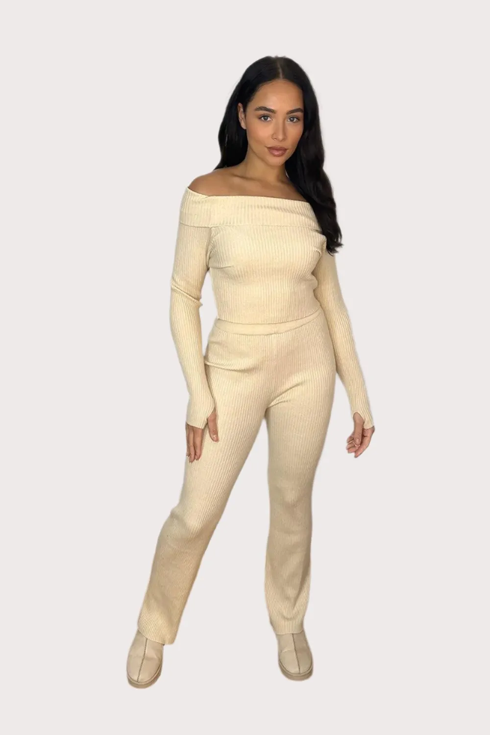 Knitted Bardot Top And Wide Leg Trousers Set