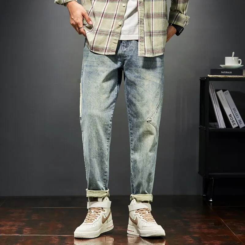 KSTUN Jeans Men Loose Fit Retro Blue  Autumn Wide Leg Pants Denim Trousers Korean Style Fashion Side Pocket Male Baggy Pants