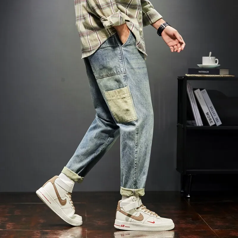 KSTUN Jeans Men Loose Fit Retro Blue  Autumn Wide Leg Pants Denim Trousers Korean Style Fashion Side Pocket Male Baggy Pants