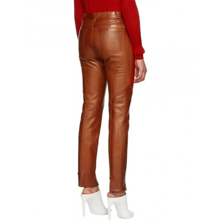 Ladies Slim Fit Paneled Orange Lambskin Leather Pants