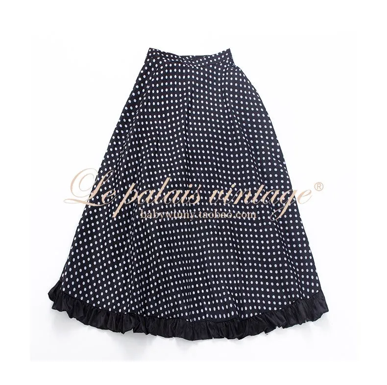 Le Palais Vintage Elegant Sicilian polka Dotted Irregular Pleated Skirt-Becca