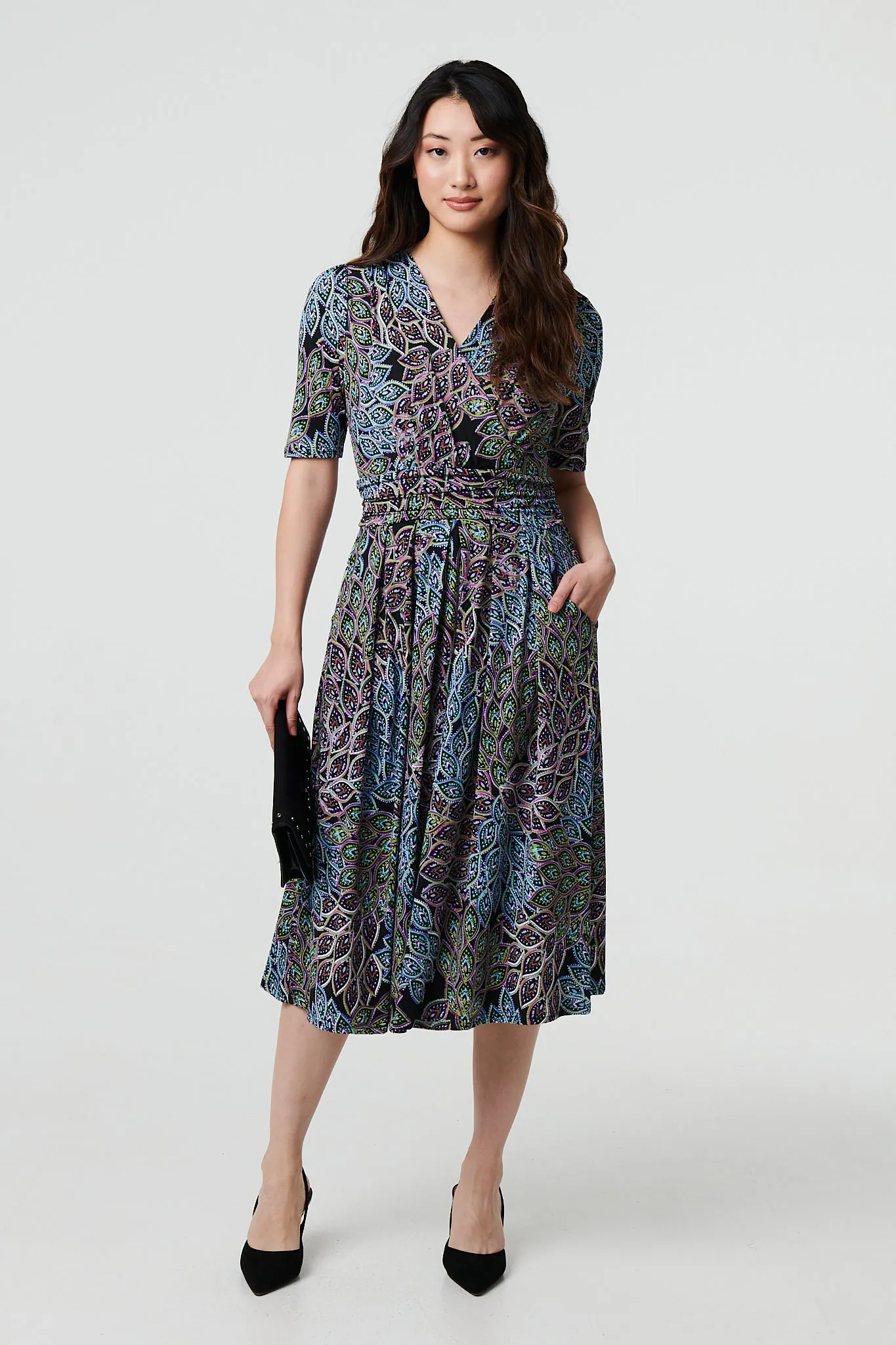 Leaf Print 1/2 Sleeve Faux Wrap Midi Dress