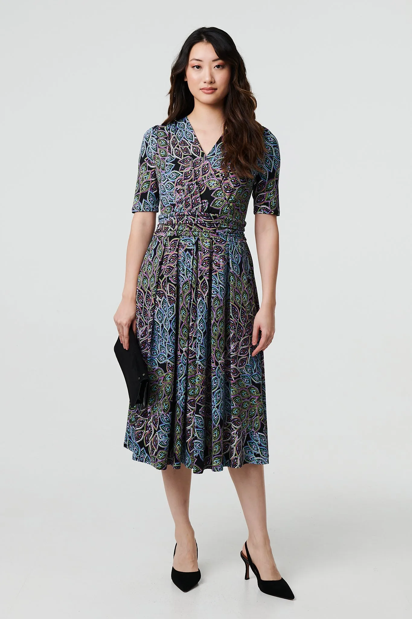 Leaf Print 1/2 Sleeve Faux Wrap Midi Dress