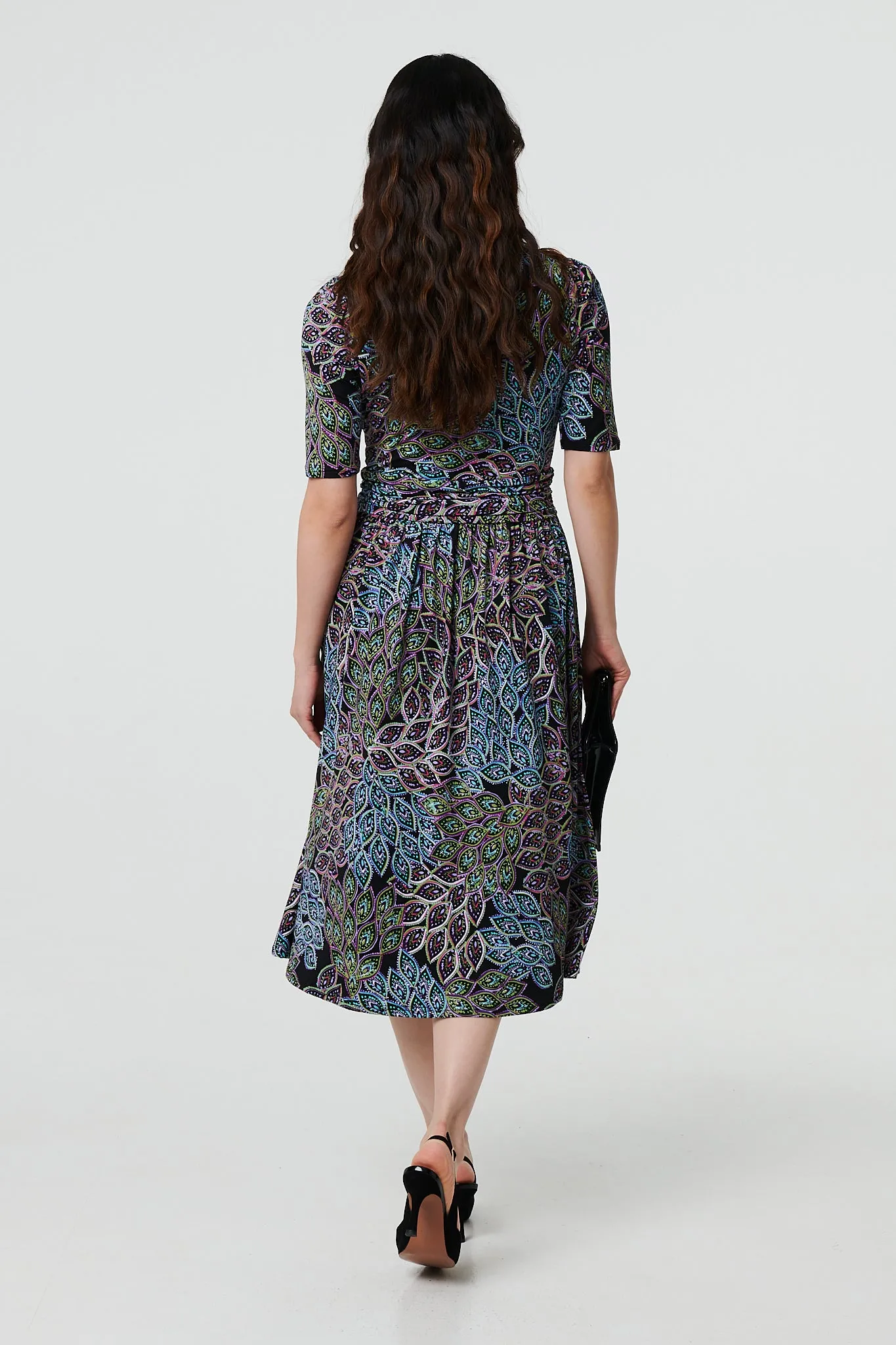 Leaf Print 1/2 Sleeve Faux Wrap Midi Dress