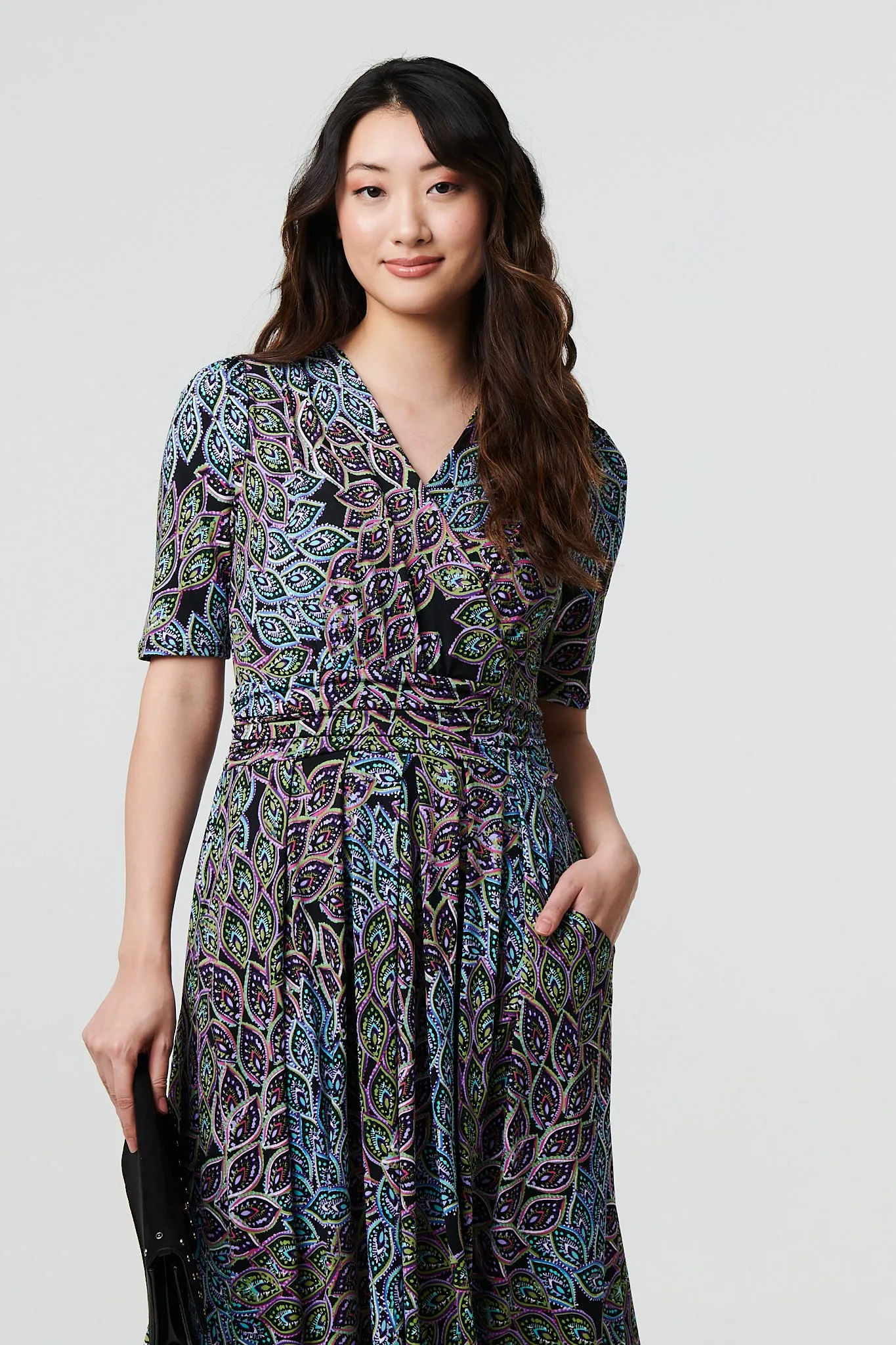 Leaf Print 1/2 Sleeve Faux Wrap Midi Dress