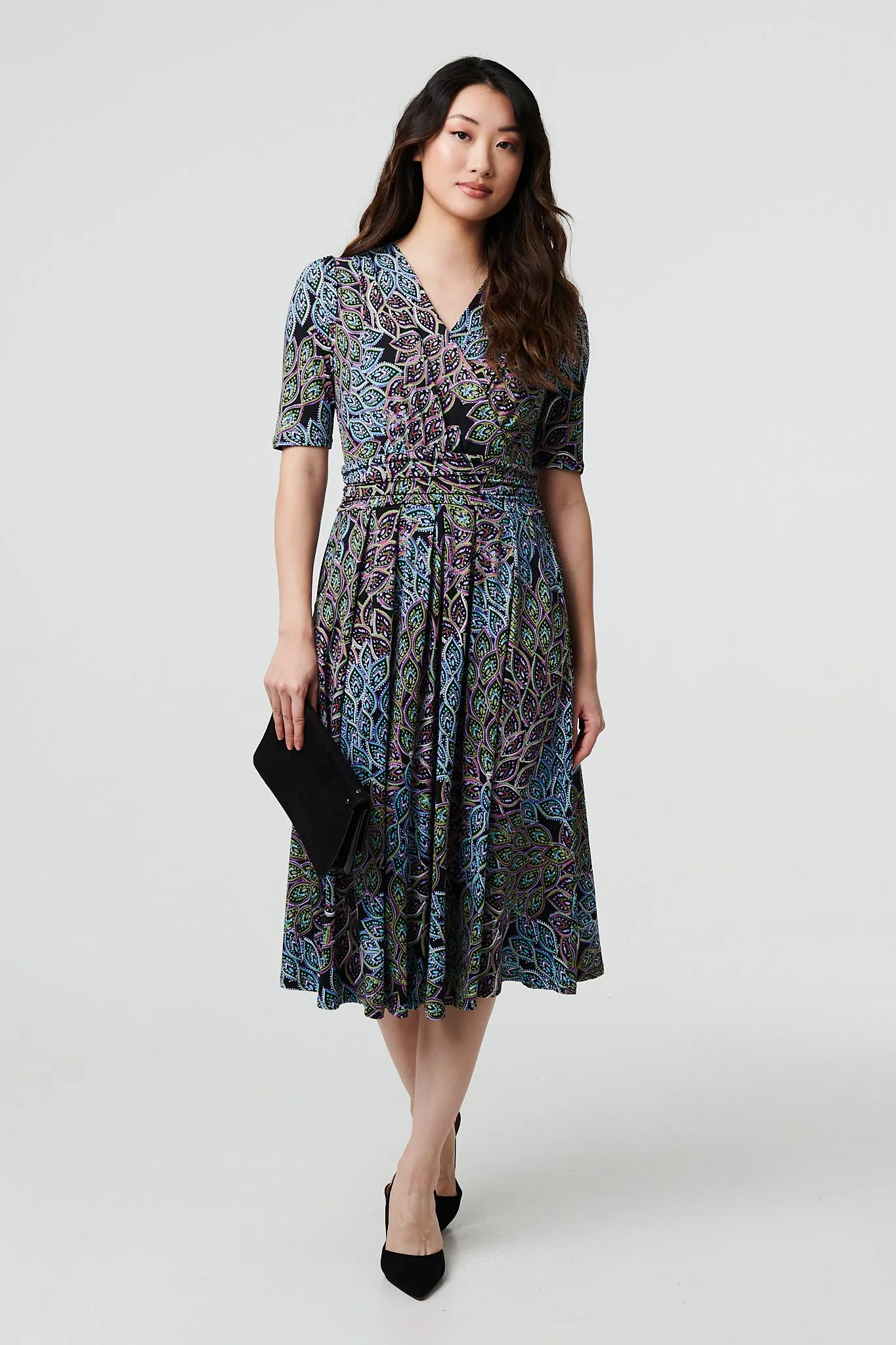 Leaf Print 1/2 Sleeve Faux Wrap Midi Dress