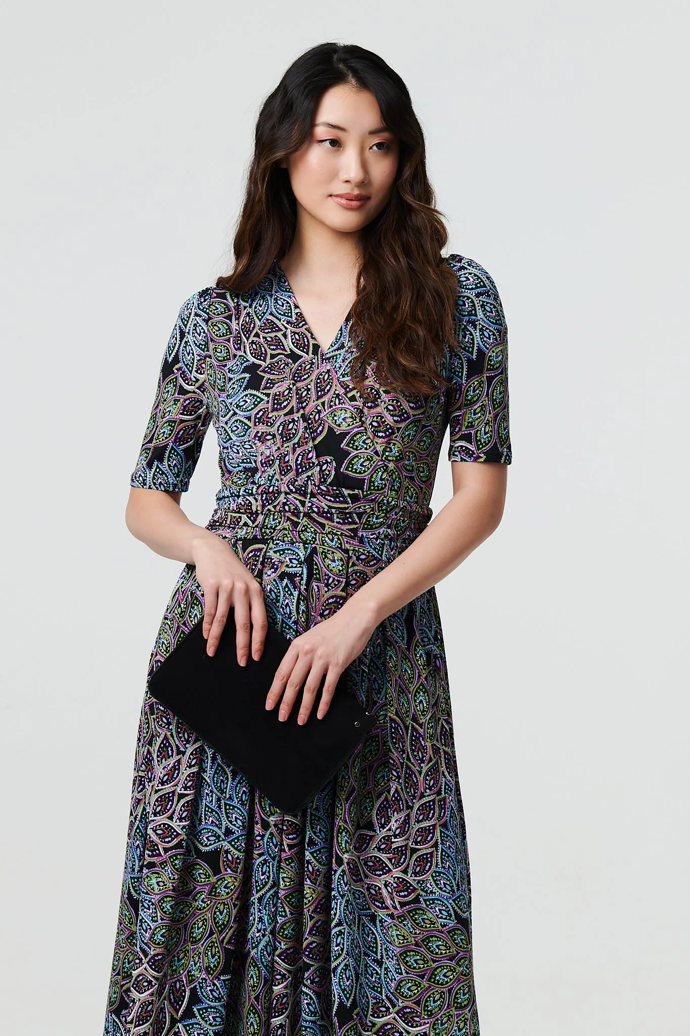 Leaf Print 1/2 Sleeve Faux Wrap Midi Dress