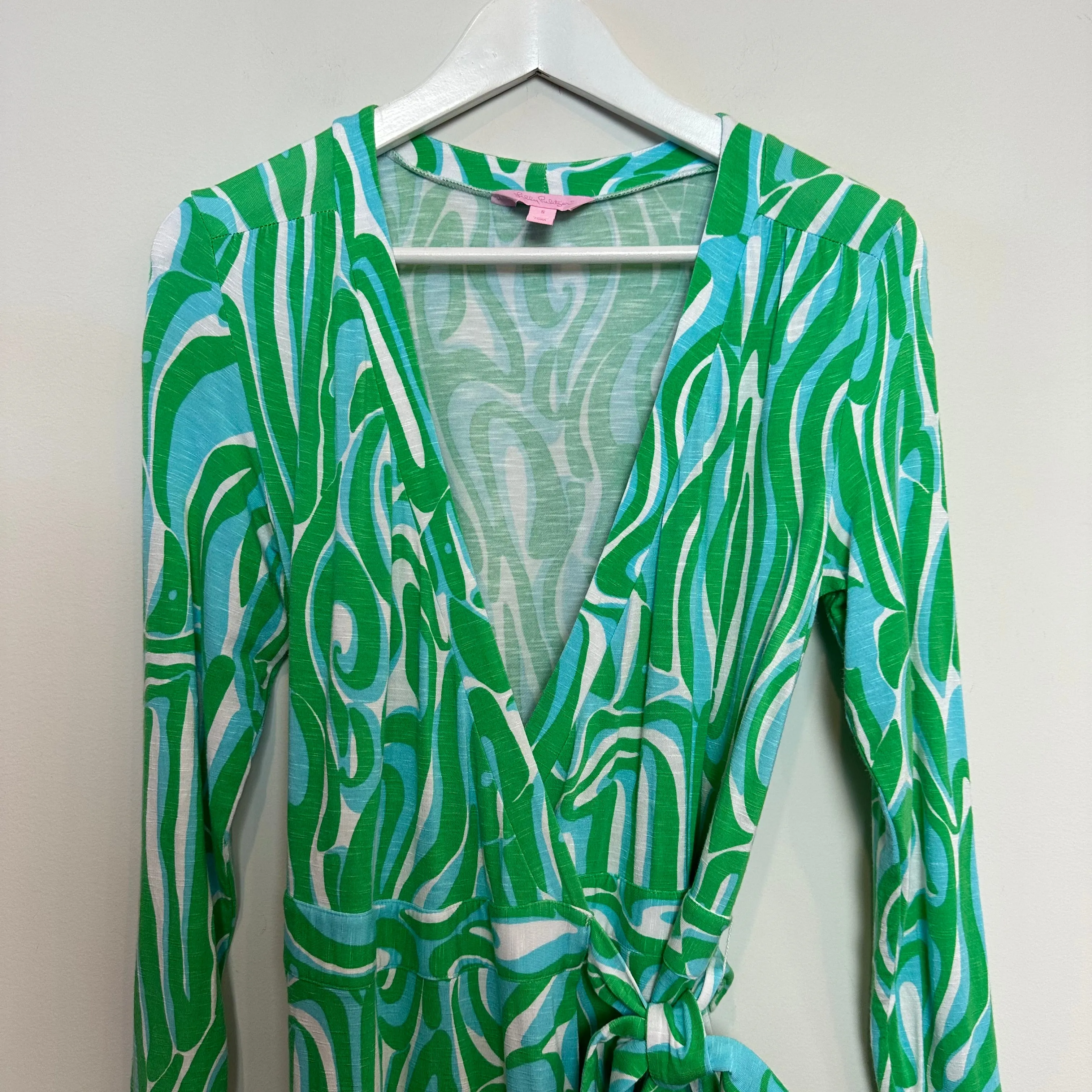 Lilly Pulitzer Meridan Wrap Dress Blue Green Swirl 3/4 Length Sleeves Small