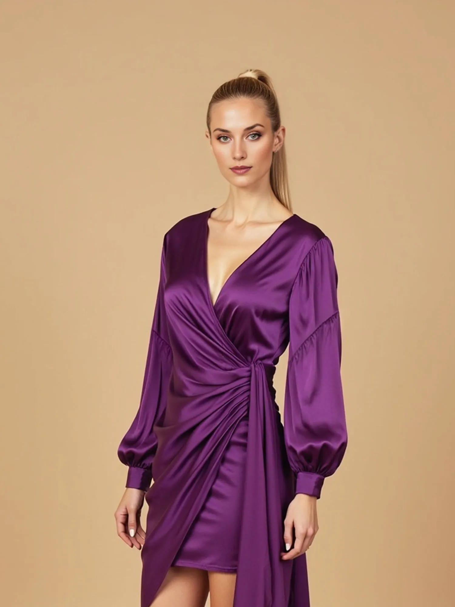 Long Sleeve V-Neck Satin Wrap Mini Dress