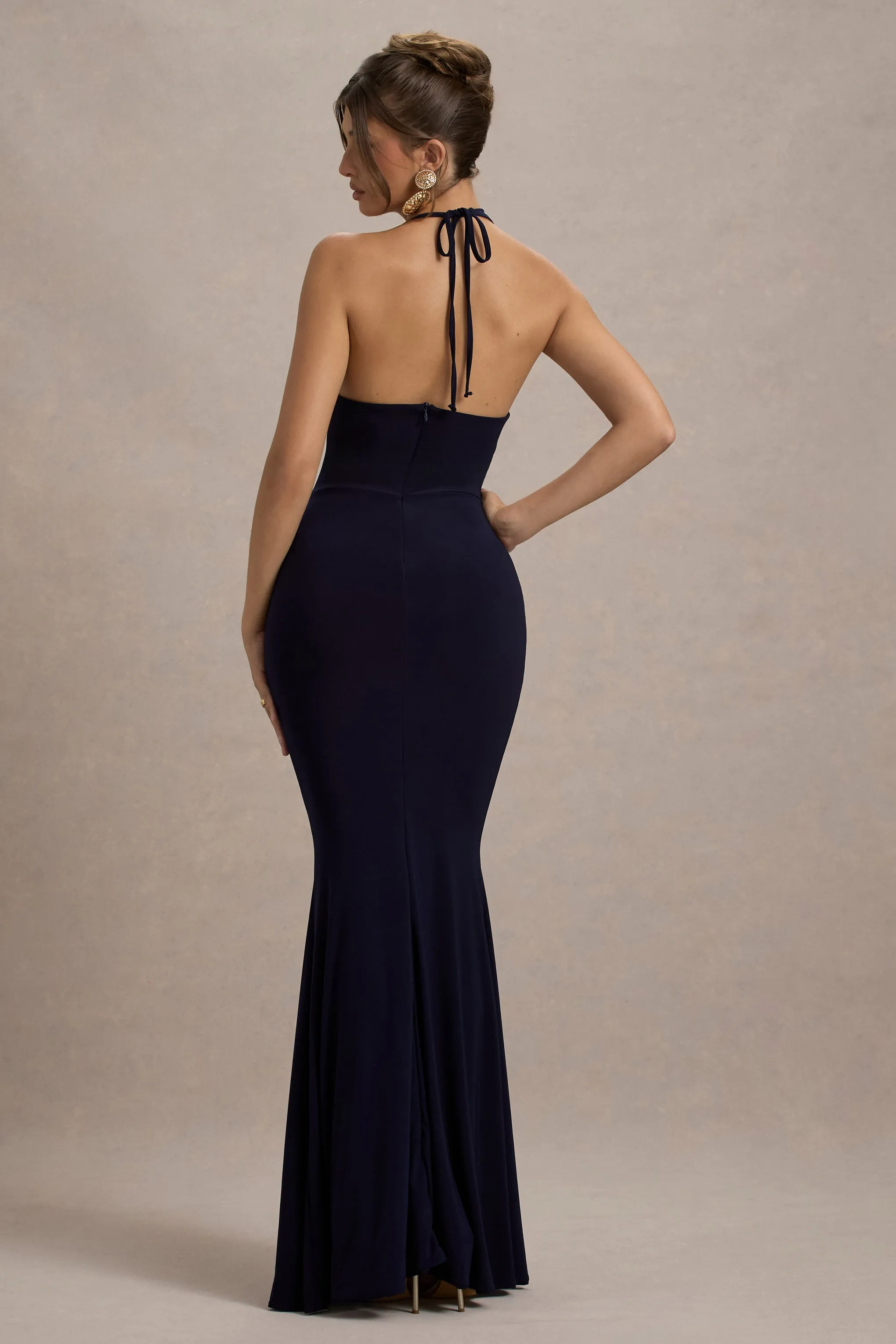 Lucena | Navy Cowl-Neck Wrap Maxi Dress With Floral Drape