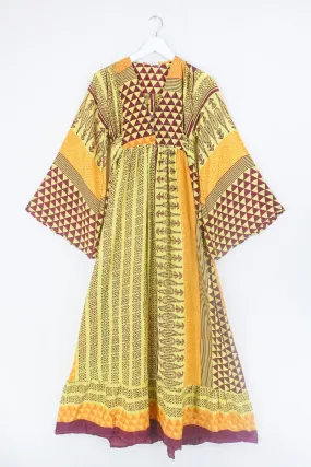 Lunar Maxi Dress - Vintage Sari - Lemon Sorbet Tile Print - Size XS