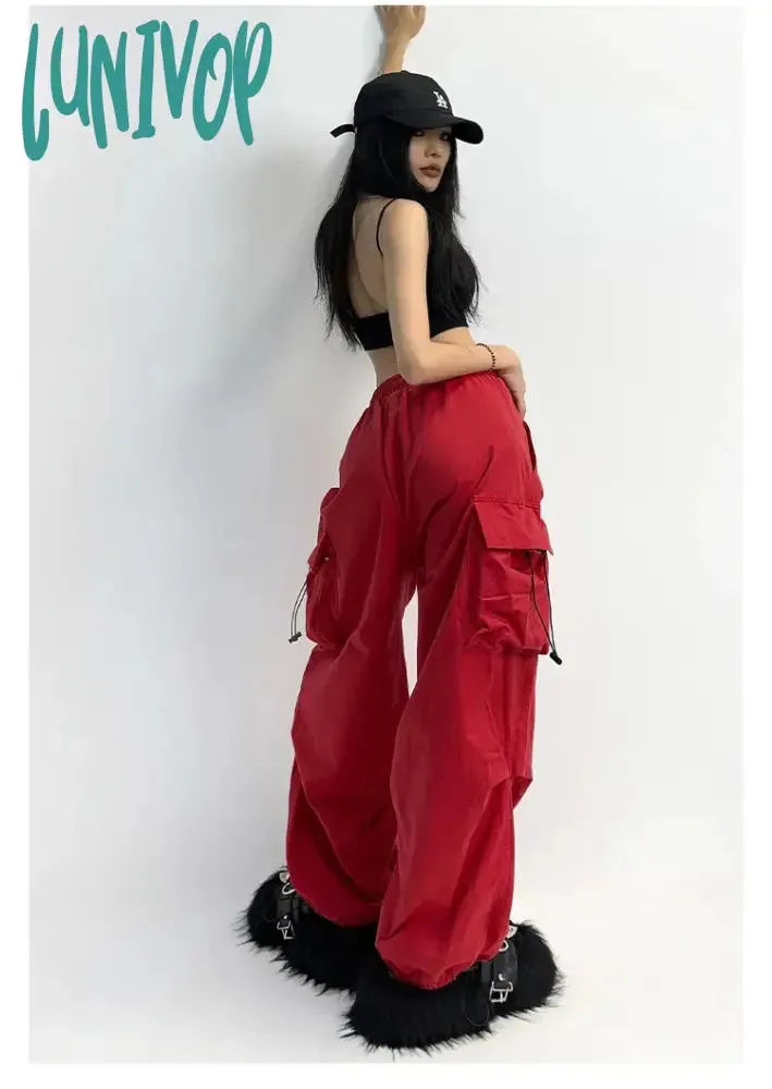 Lunivop Cyber Y2K Red Parachute Pants Women Kpop Streetwear Gray Cargo Trousers Oversized Egirl Punk Black Wide Leg Pantalones