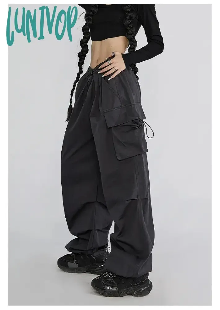 Lunivop Cyber Y2K Red Parachute Pants Women Kpop Streetwear Gray Cargo Trousers Oversized Egirl Punk Black Wide Leg Pantalones