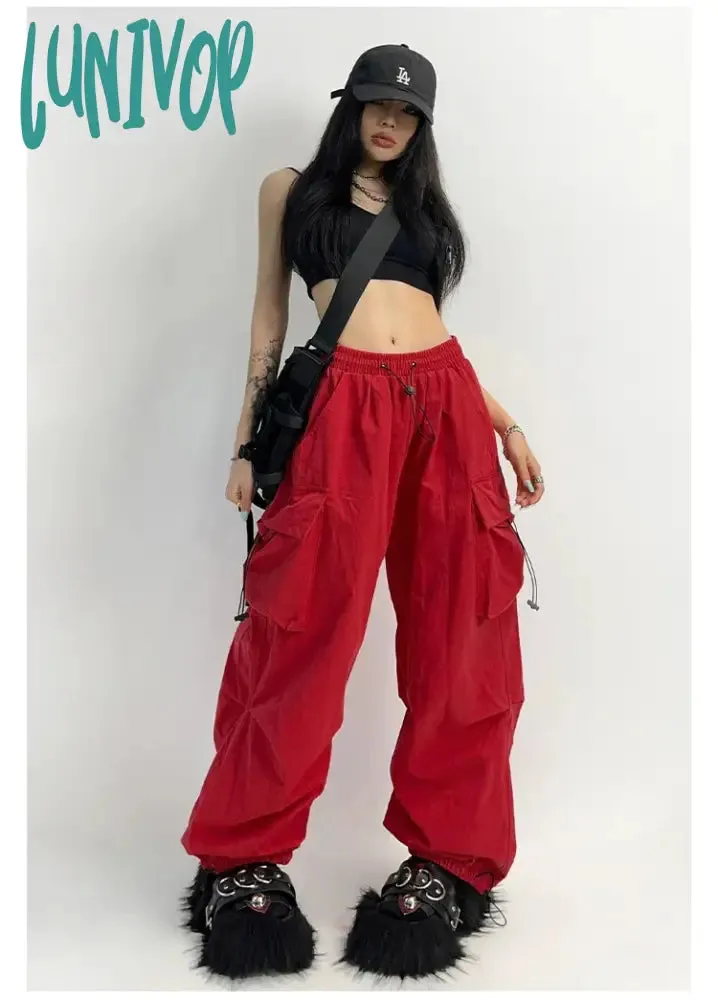 Lunivop Cyber Y2K Red Parachute Pants Women Kpop Streetwear Gray Cargo Trousers Oversized Egirl Punk Black Wide Leg Pantalones