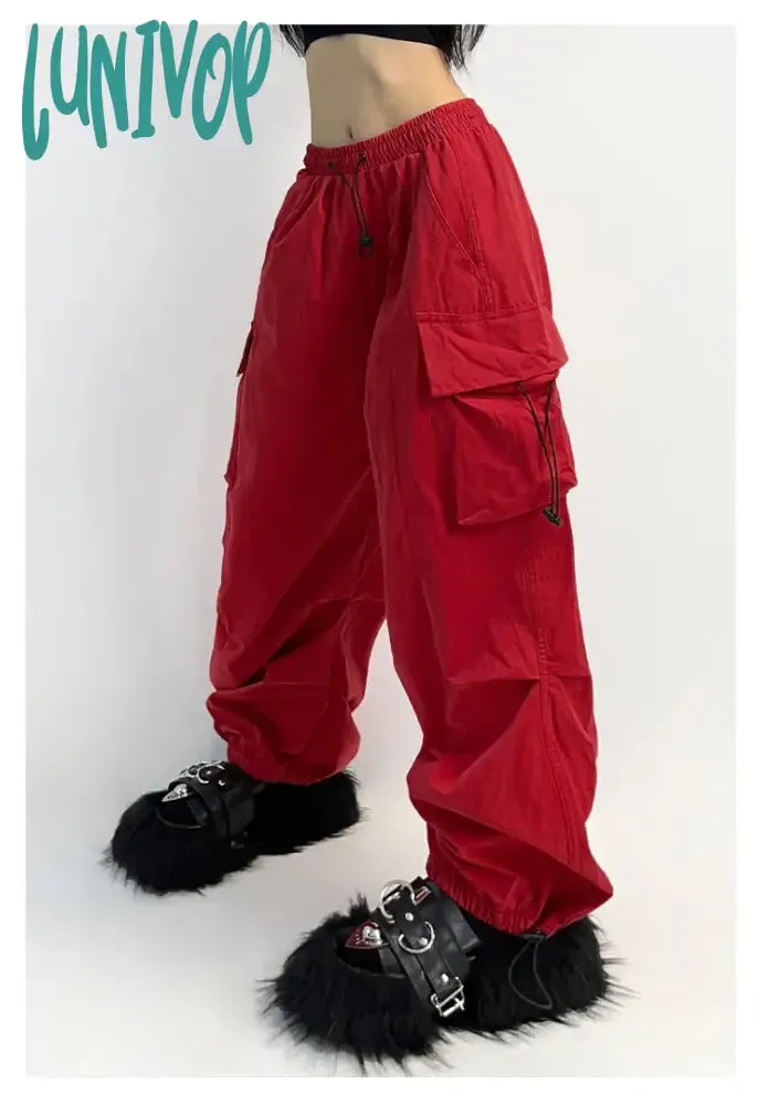 Lunivop Cyber Y2K Red Parachute Pants Women Kpop Streetwear Gray Cargo Trousers Oversized Egirl Punk Black Wide Leg Pantalones