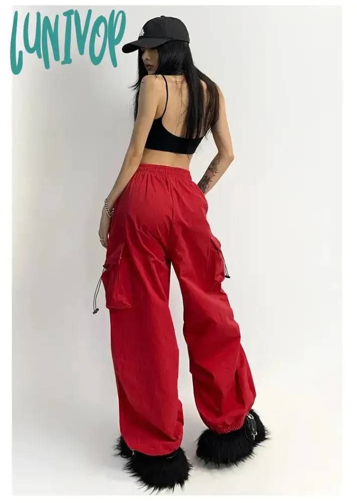 Lunivop Cyber Y2K Red Parachute Pants Women Kpop Streetwear Gray Cargo Trousers Oversized Egirl Punk Black Wide Leg Pantalones