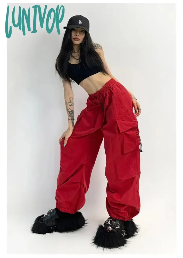 Lunivop Cyber Y2K Red Parachute Pants Women Kpop Streetwear Gray Cargo Trousers Oversized Egirl Punk Black Wide Leg Pantalones