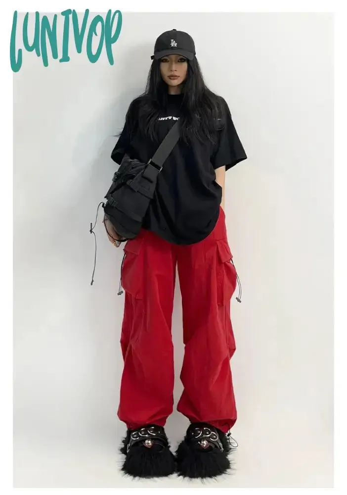 Lunivop Cyber Y2K Red Parachute Pants Women Kpop Streetwear Gray Cargo Trousers Oversized Egirl Punk Black Wide Leg Pantalones