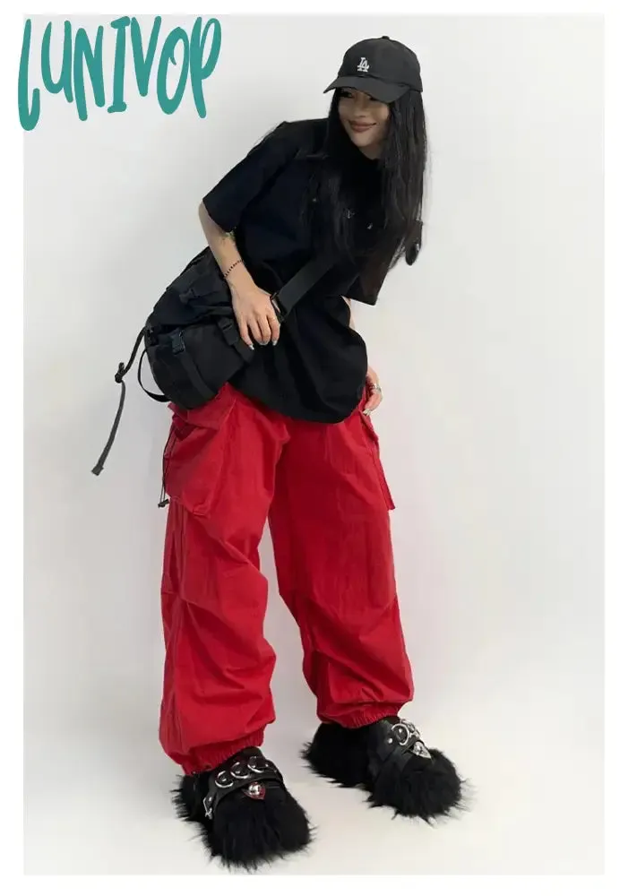 Lunivop Cyber Y2K Red Parachute Pants Women Kpop Streetwear Gray Cargo Trousers Oversized Egirl Punk Black Wide Leg Pantalones