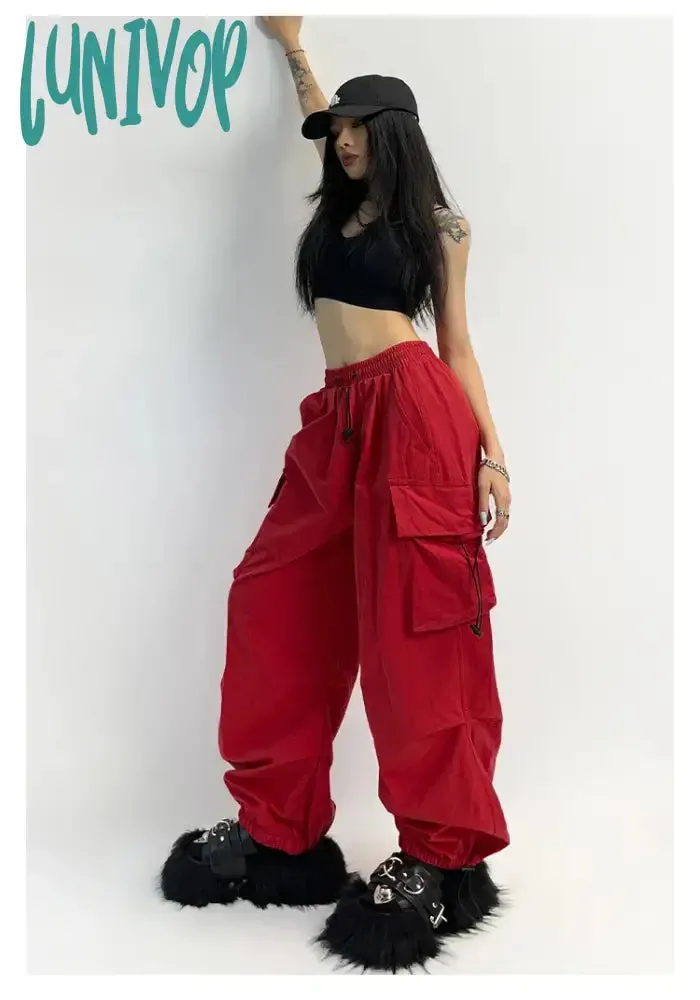 Lunivop Cyber Y2K Red Parachute Pants Women Kpop Streetwear Gray Cargo Trousers Oversized Egirl Punk Black Wide Leg Pantalones