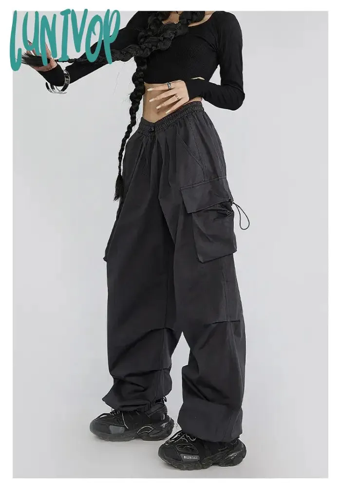 Lunivop Cyber Y2K Red Parachute Pants Women Kpop Streetwear Gray Cargo Trousers Oversized Egirl Punk Black Wide Leg Pantalones