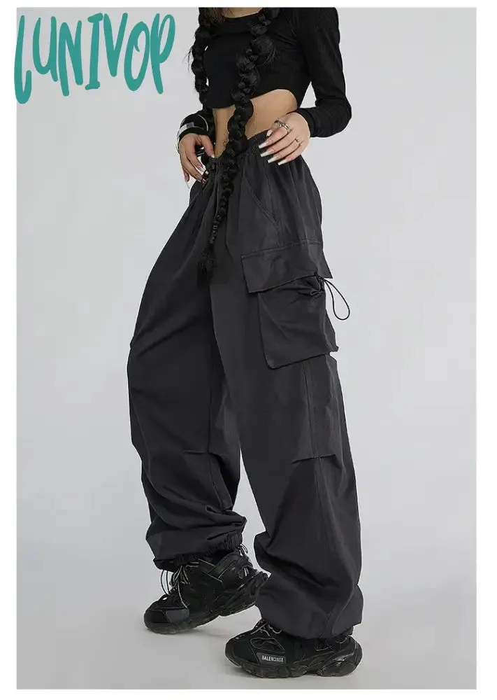 Lunivop Cyber Y2K Red Parachute Pants Women Kpop Streetwear Gray Cargo Trousers Oversized Egirl Punk Black Wide Leg Pantalones