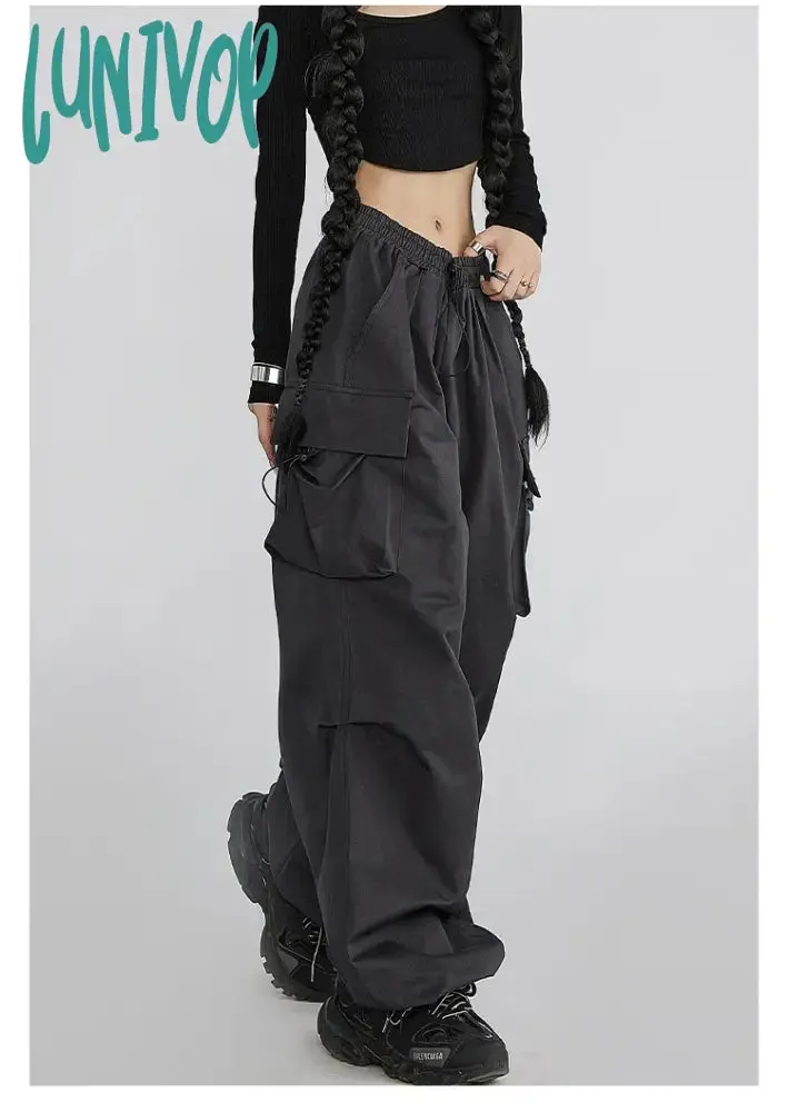 Lunivop Cyber Y2K Red Parachute Pants Women Kpop Streetwear Gray Cargo Trousers Oversized Egirl Punk Black Wide Leg Pantalones