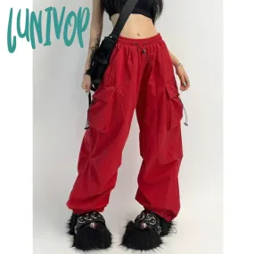 Lunivop Cyber Y2K Red Parachute Pants Women Kpop Streetwear Gray Cargo Trousers Oversized Egirl Punk Black Wide Leg Pantalones