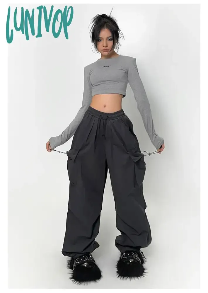 Lunivop Cyber Y2K Red Parachute Pants Women Kpop Streetwear Gray Cargo Trousers Oversized Egirl Punk Black Wide Leg Pantalones