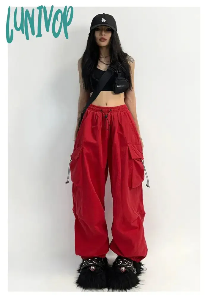 Lunivop Cyber Y2K Red Parachute Pants Women Kpop Streetwear Gray Cargo Trousers Oversized Egirl Punk Black Wide Leg Pantalones