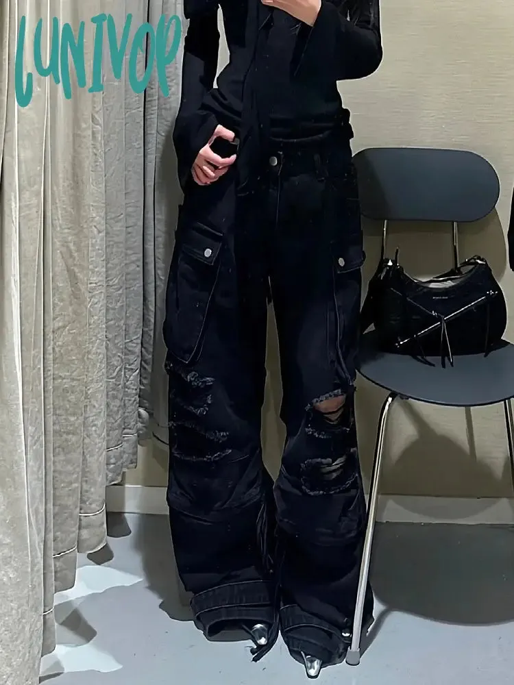 Lunivop Dark Academia Gyaru Cyber Punk Harajuku Streetwear Baddie Ripped Hole Y2K Baggy Jeans Low Rise Denim Pants 2000s Trousers Grunge