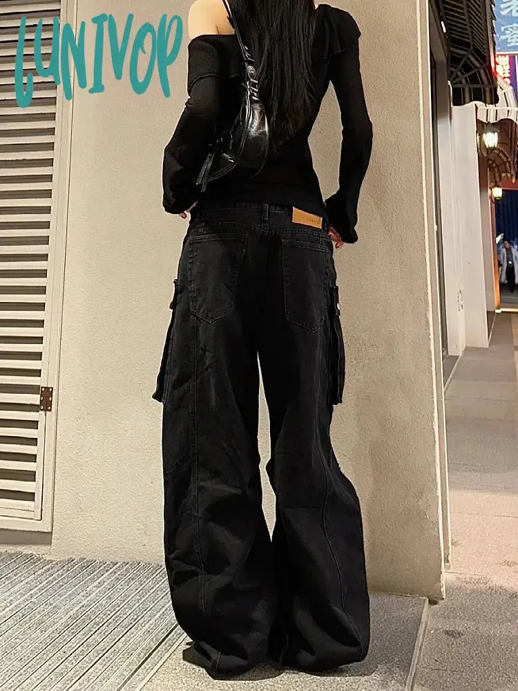 Lunivop Dark Academia Gyaru Cyber Punk Harajuku Streetwear Baddie Ripped Hole Y2K Baggy Jeans Low Rise Denim Pants 2000s Trousers Grunge